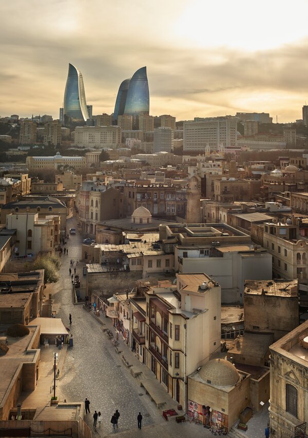 Baku, old city and flame towers