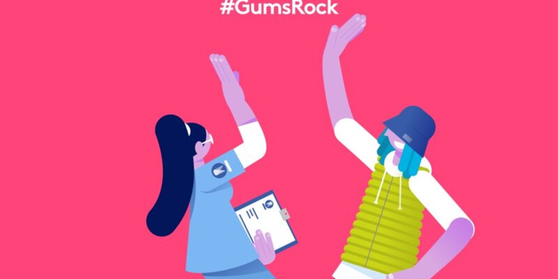 Cartoon of a woman and young man doing a high five legend: Gums Rock