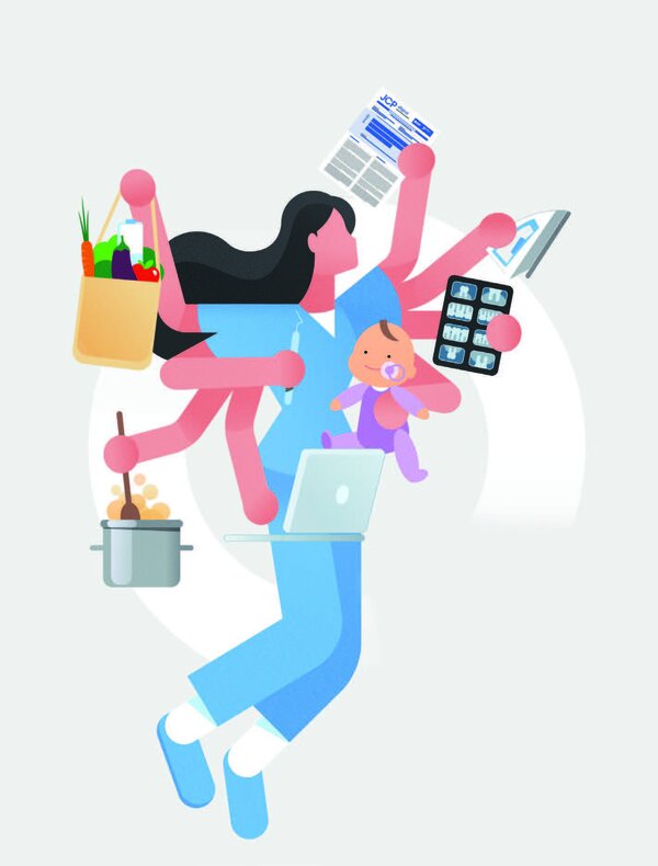 Graphic of 8-handed woman being very busy